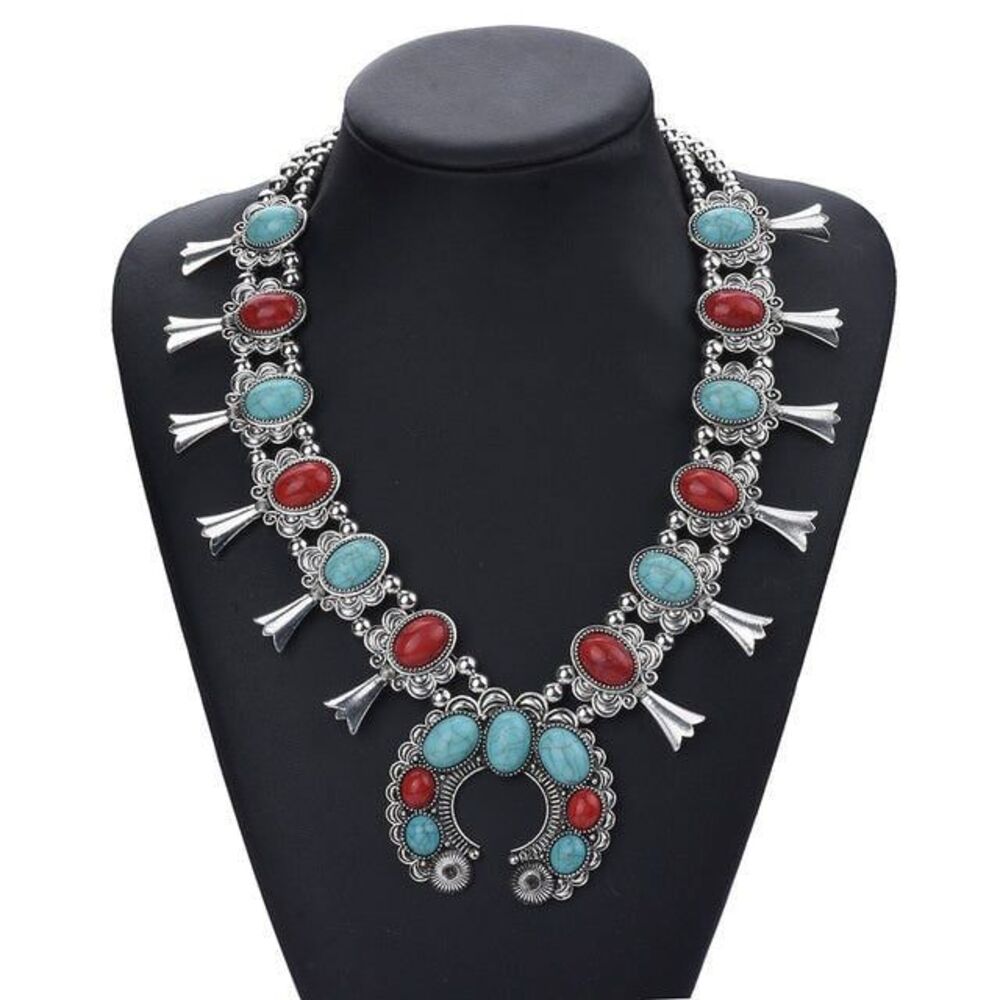 Bold imitation indian squash blossom coral and turquoise 28 inch necklace